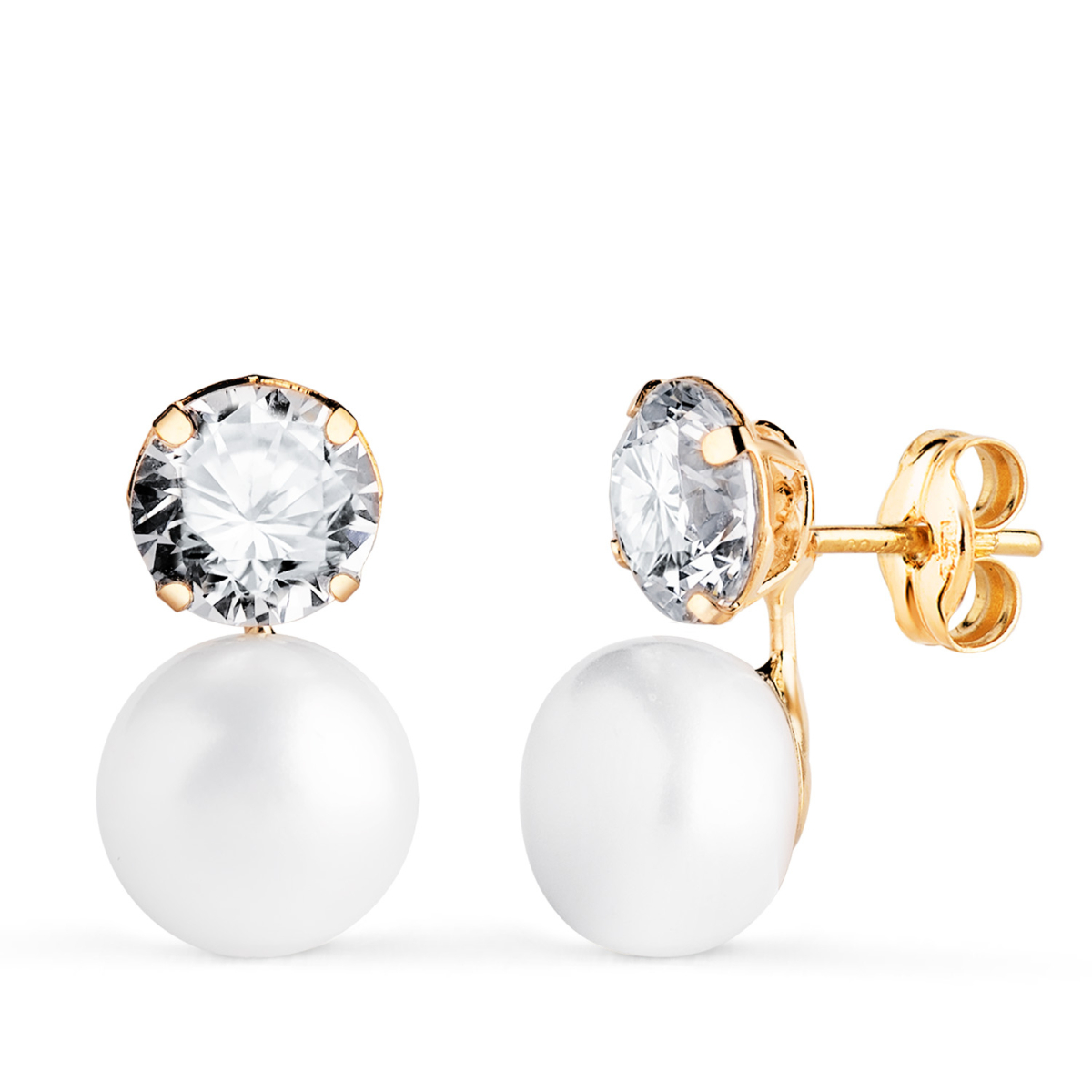 18K PENDIENTES ORO AMARILLO TU Y YO PERLA CON CIRCONITA REDONDA. MEDIDA: 14 X 8 MM. CIERRE PRESION 0