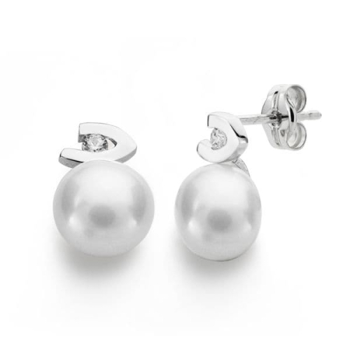 18K PENDIENTES ORO BLANCO PERLA CIRCONITA 12X7 MM CIERRE PRESION 0