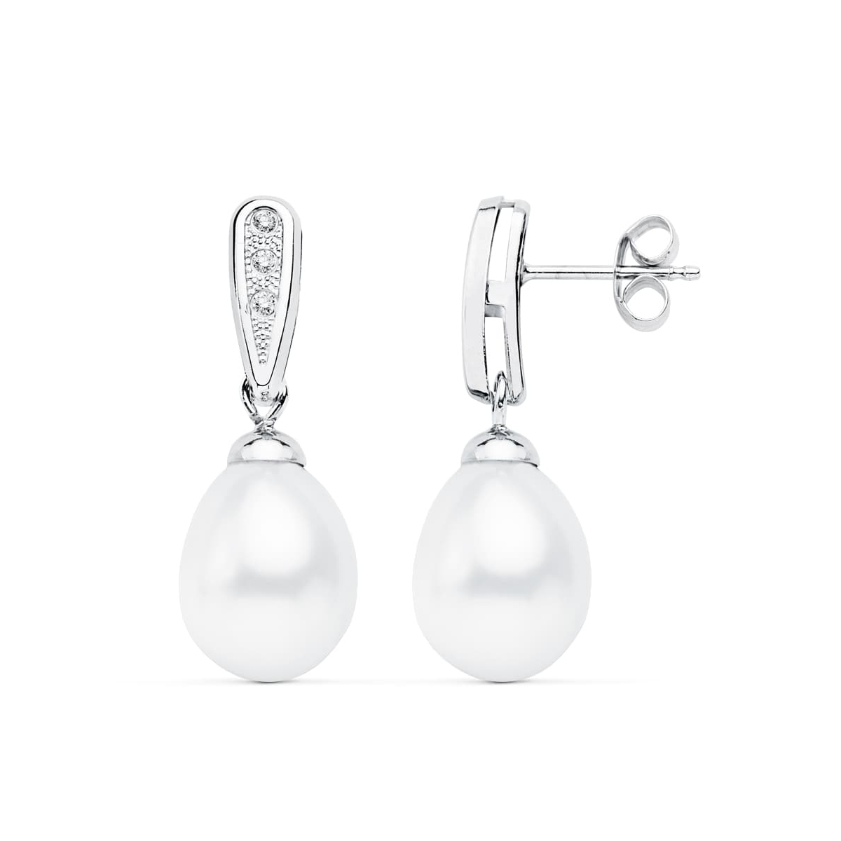 18K PENDIENTES ORO BLANCO DE NOVIA CON PERLA 24X9 MM CIERRE PRESION 0