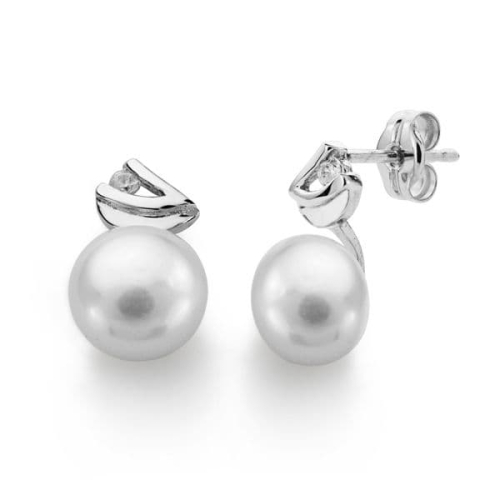 18K PENDIENTES ORO BLANCO PERLA CIRCONITA 11X7 MM CIERRE PRESION 0