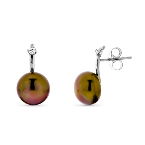 18K PENDIENTES ORO BLANCO PERLA BOTON 10 MM MARRON CIERRE PRESION 0
