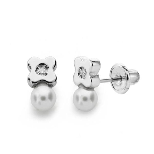 18K PENDIENTES ORO BLANCO PERLA 3 MM DIAMANTES NATURALES SI-H TALLA BRILLANTE 0
