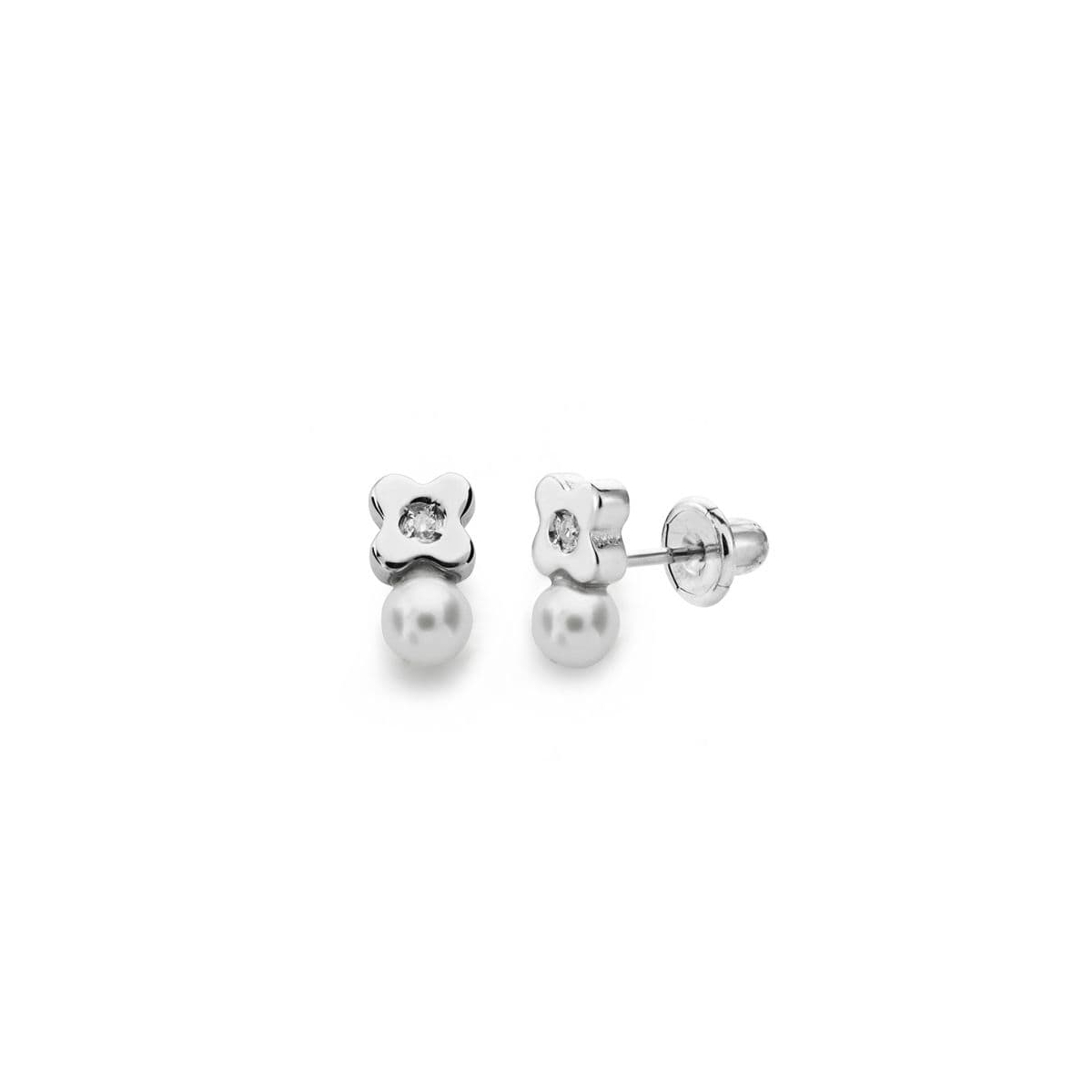18K PENDIENTES ORO BLANCO PERLA 3 MM DIAMANTES NATURALES SI-H TALLA BRILLANTE 0