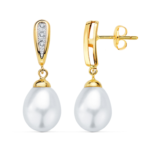 18K PENDIENTES ORO BICOLOR DOS CUERPOS CON PERLAS Y CIRCONITA 25 X 9MM PRESION 0