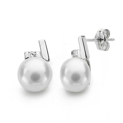 18K PENDIENTES ORO BLANCO PERLA CIRCONITA 12X8 MM CIERRE PRESION 1