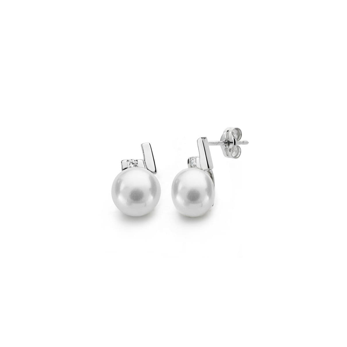 18K PENDIENTES ORO BLANCO PERLA CIRCONITA 12X8 MM CIERRE PRESION 1