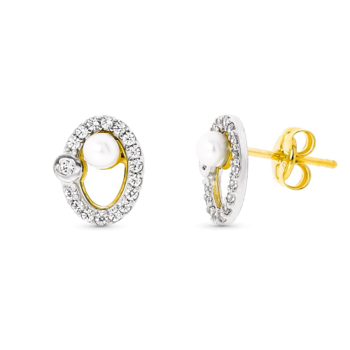 18K PENDIENTES ORO BICOLOR PERLA 3 MM 9X7 MM CIERRE PRESION 1