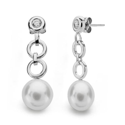 18K PENDIENTES ORO BLANCO PERLA CIRCONITA 29X9 MM CIERRE PRESION 1