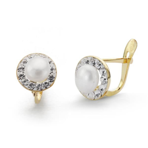 18K PENDIENTES ORO BICOLOR COMUNION PERLA Y CIRCONITA 8 MM CIERRE CATALAN 1