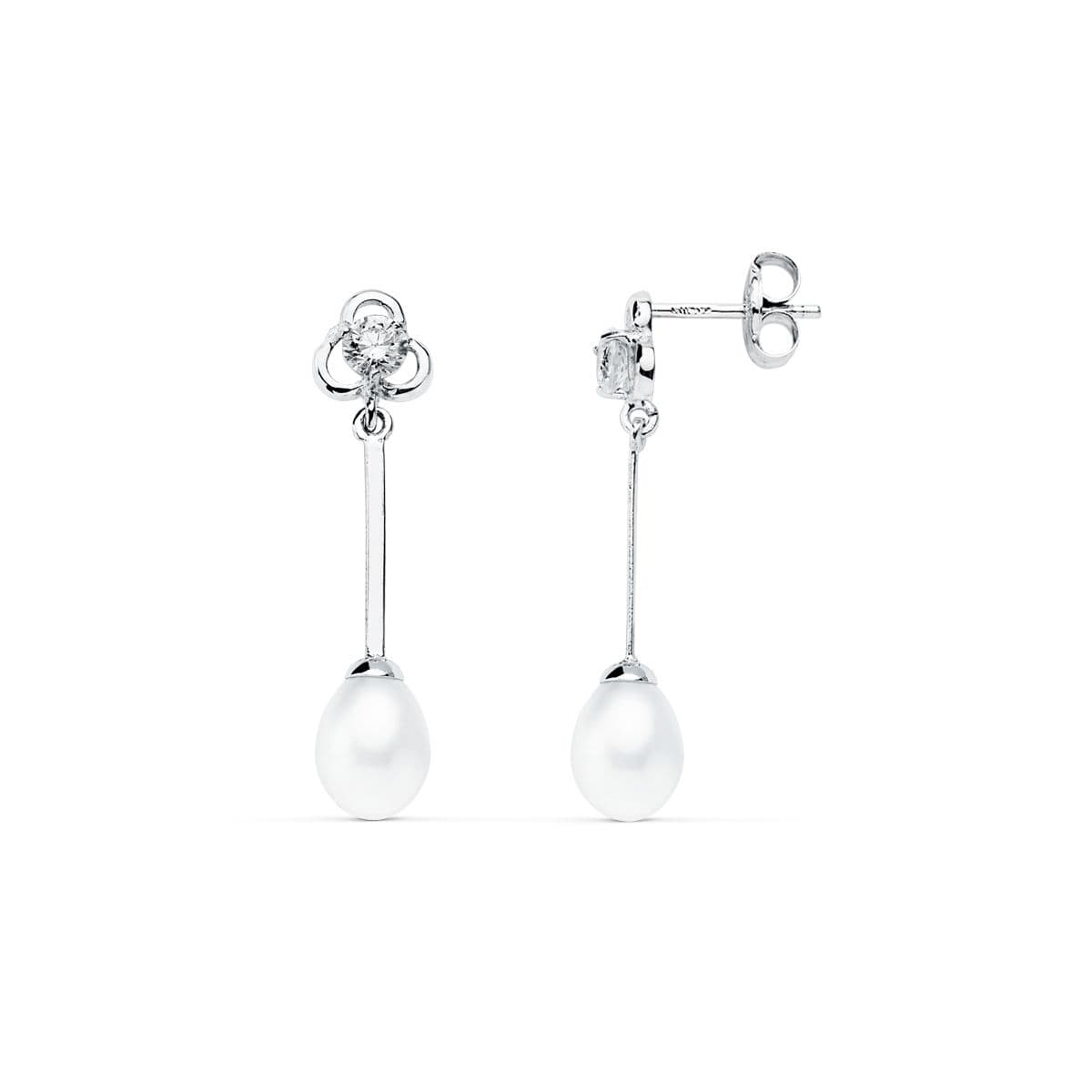 18K PENDIENTES LARGOS ORO BLANCO PERLA 27X6 MM CIERRE PRESION 1
