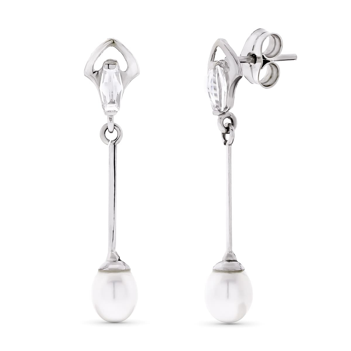 18K PENDIENTES ORO BLANCO LARGOS Y PERLAS CIERRE PRESION 1