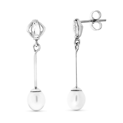 18K PENDIENTES ORO BLANCO LARGOS Y PERLAS CIERRE PRESION 1