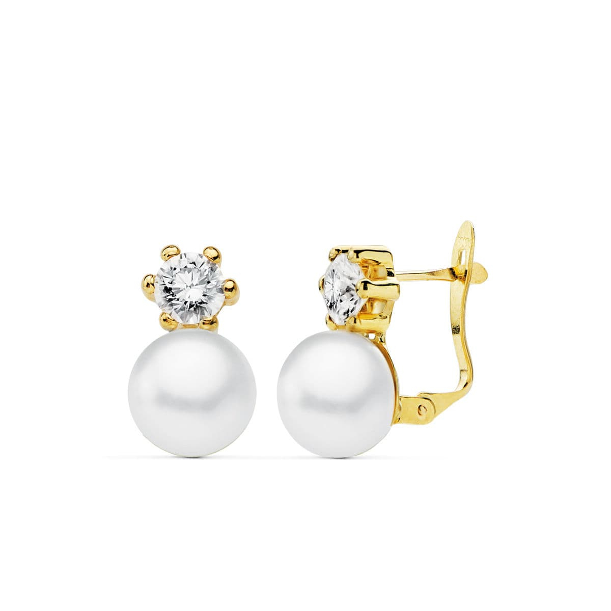 18K PENDIENTES PERLA 9 MM Y GARRA CIRCONITA ORO AMARILLO 5 MM CIERRE CATALAN 1