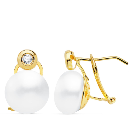 18K PENDIENTES ORO AMARILLO PERLA Y CHATON. 15X10 MM CIERRE OMEGA 1