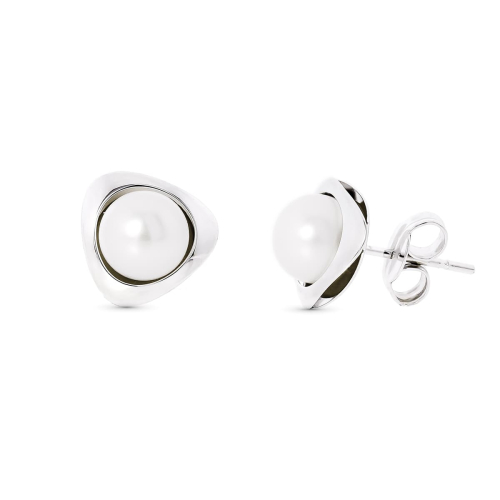18K PENDIENTES ORO BLANCO PERLA TRIANGULO 9X9 MM CIERRE PRESION 1