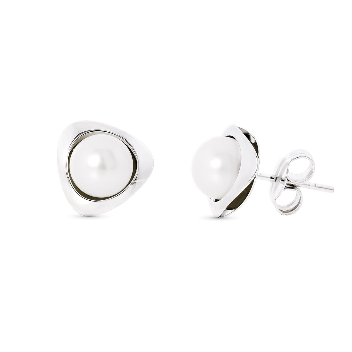 18K PENDIENTES ORO BLANCO PERLA TRIANGULO 9X9 MM CIERRE PRESION 1