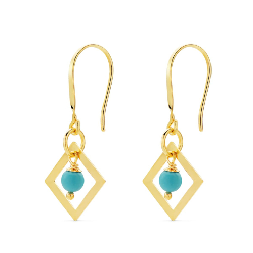 18K PENDIENTES ORO AMARILLO CUADRADO CORAL O TURQUESA 30X14 MM CIERRE GANCHO 1