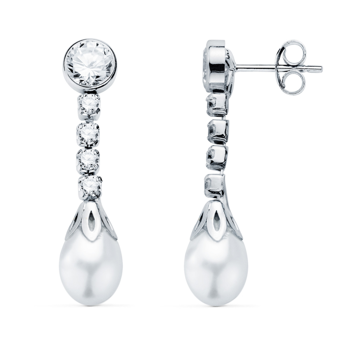 18K PENDIENTES ORO BLANCO PERLA Y CHATON CON CIRCONITA 27 X 6.5MM. CIERRE PRESION 1