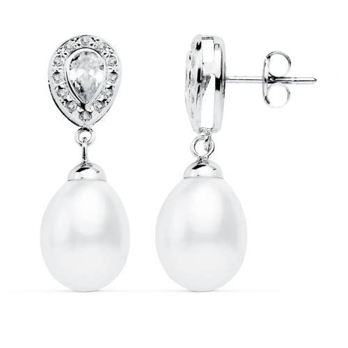 18K PENDIENTES ORO BLANCO PERLA 27X9 MM CIERRE PRESION 1