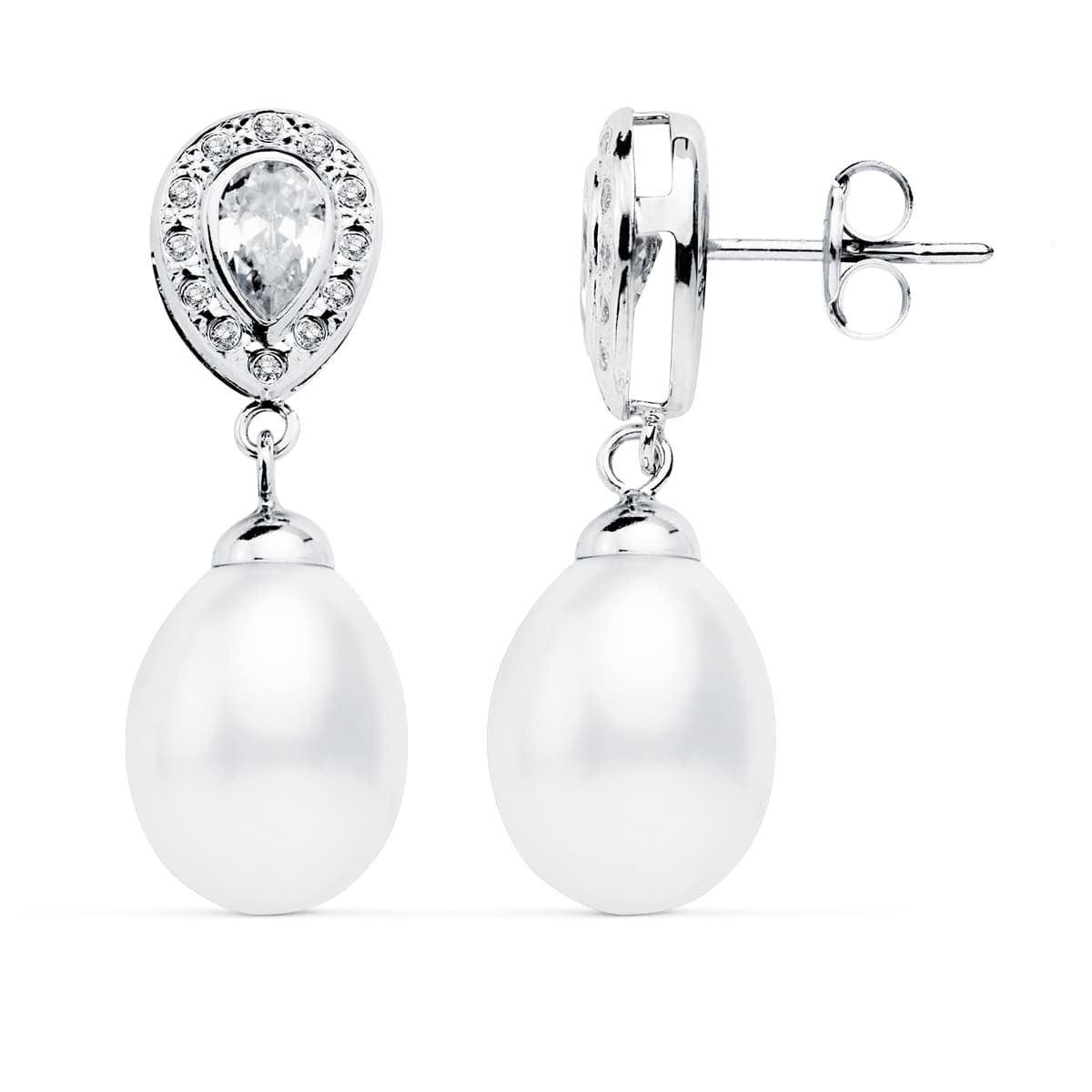 18K PENDIENTES ORO BLANCO PERLA 27X9 MM CIERRE PRESION 1