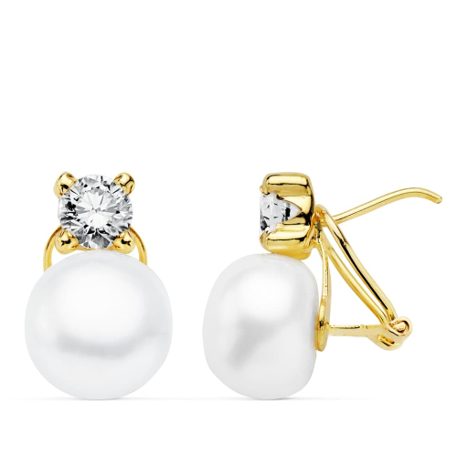 18K PENDIENTES ORO AMARILLO PERLA 16X10 MM CIERRE OMEGA 1