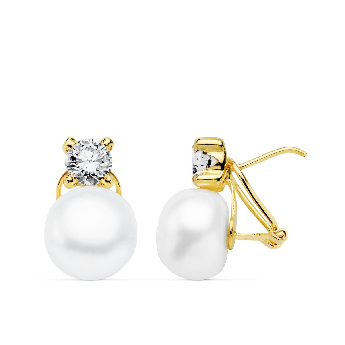 18K PENDIENTES ORO AMARILLO PERLA 16X10 MM CIERRE OMEGA 1