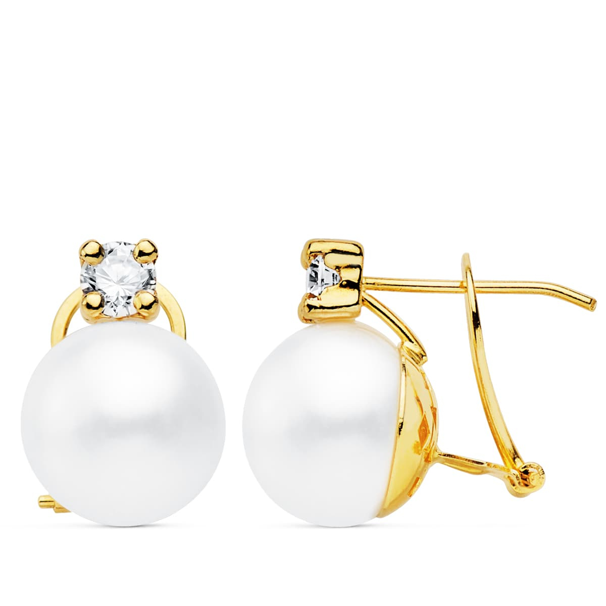 18K PENDIENTES ORO AMARILLO PERLA Y GARRA 15X11 MM CIERRE OMEGA 1