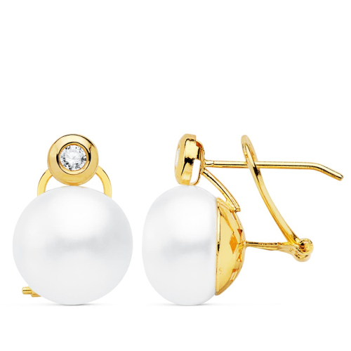 18K PENDIENTES ORO AMARILLO PERLA Y CHATON. 16X11 MM CIERRE OMEGA 1