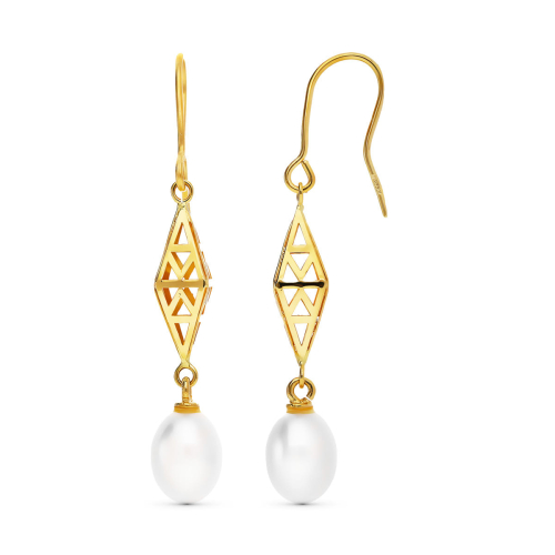 18K PENDIENTES ORO AMARILLO ROMBO 43X7 MM PERLA CULTIVADA 9X7 MM CIERRE GANCHO 1