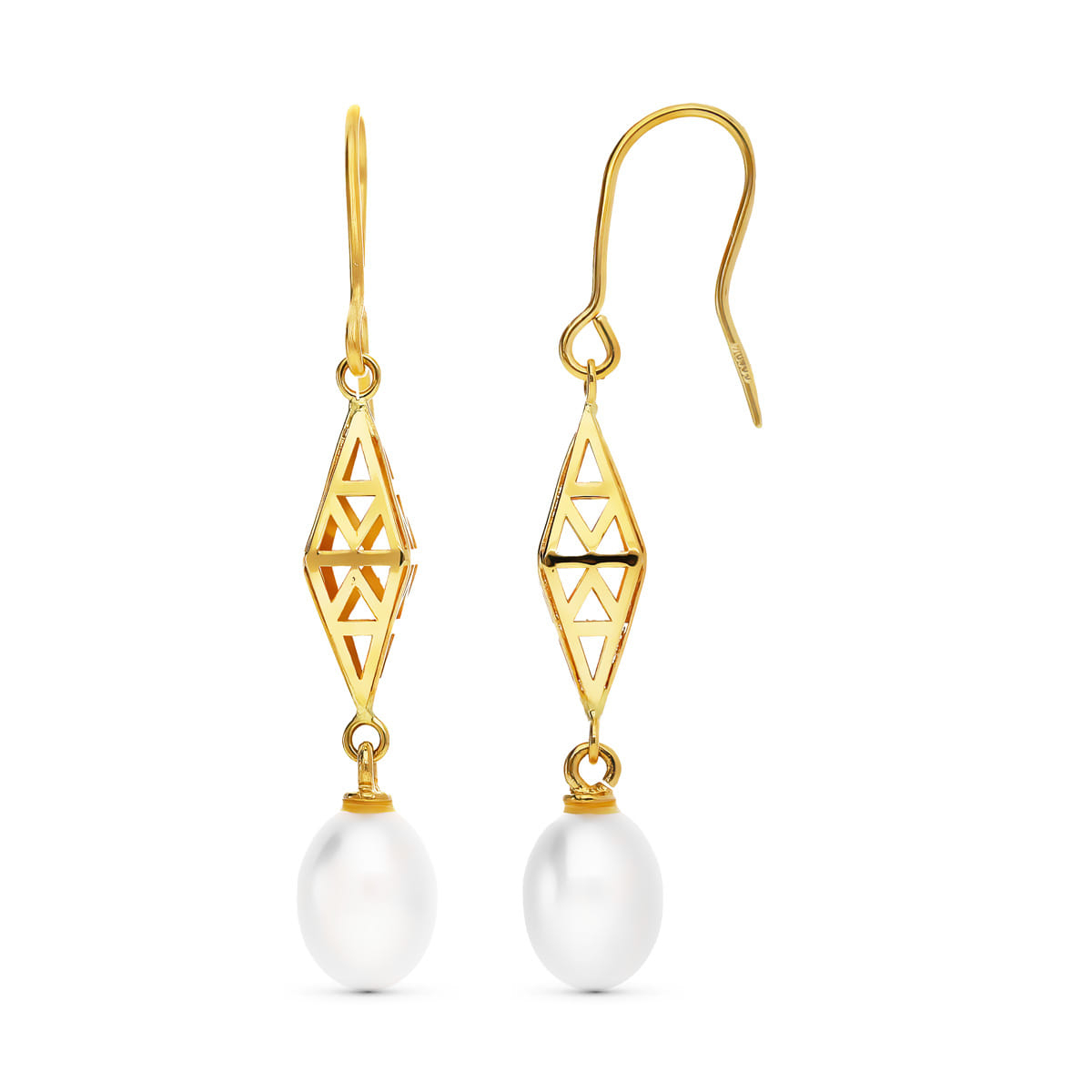 18K PENDIENTES ORO AMARILLO ROMBO 43X7 MM PERLA CULTIVADA 9X7 MM CIERRE GANCHO 1