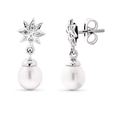 18K PENDIENTES ORO BLANCO LARGO ESTRELLA PERLA 18X7 MM CIERRE PRESION 1