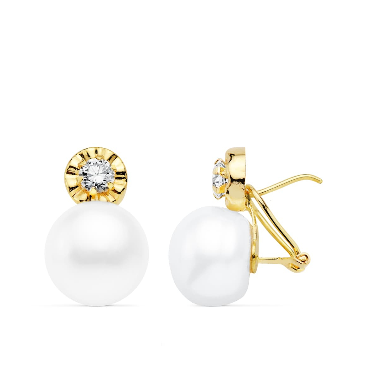 18K PENDIENTES ORO AMARILLO CIRCONITA PERLA BOTON 18X11 MM CIERRE OMEGA 1