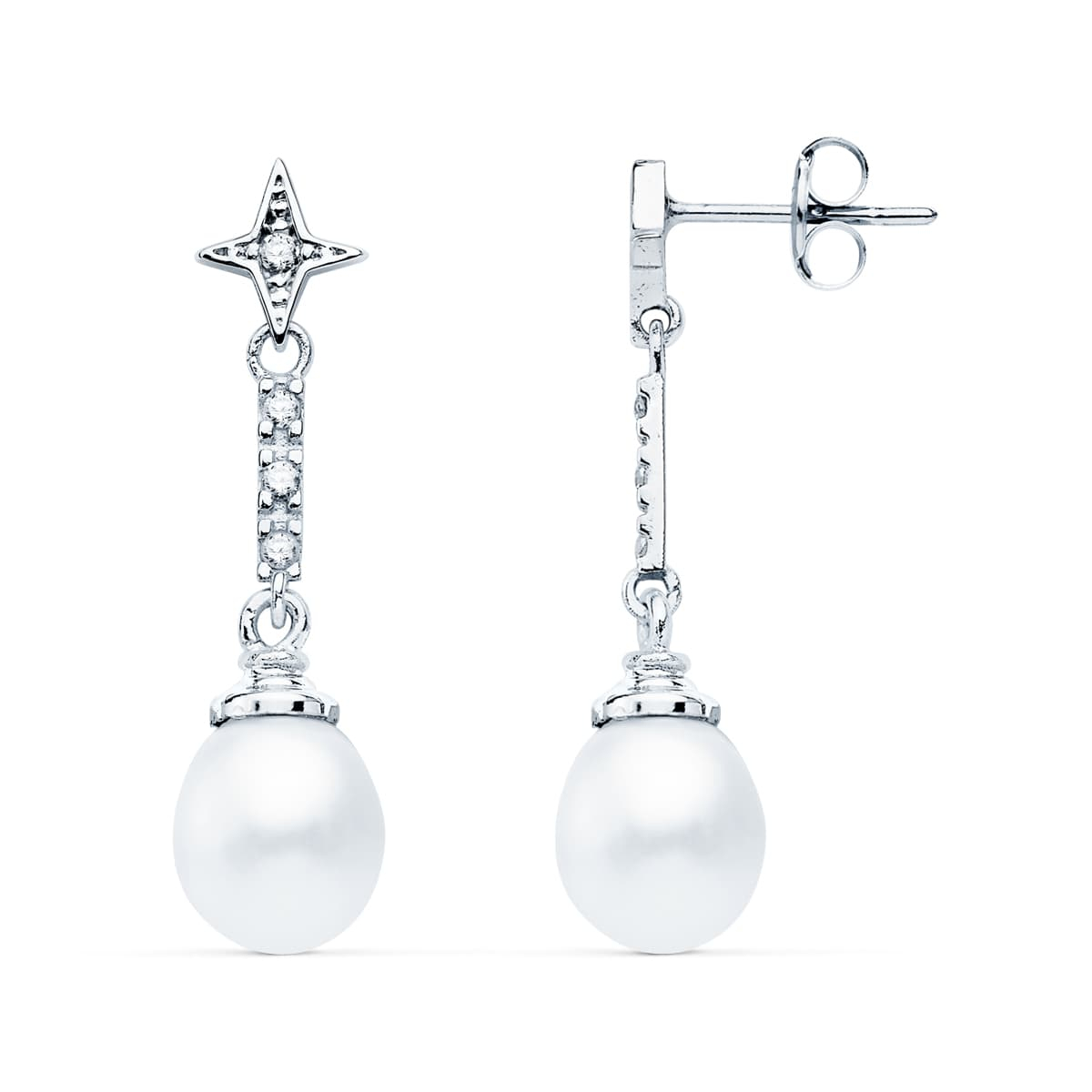 18K PENDIENTES ORO BLANCO PERLA Y CIRCONITA 28X8 MM CIERRE PRESION 1