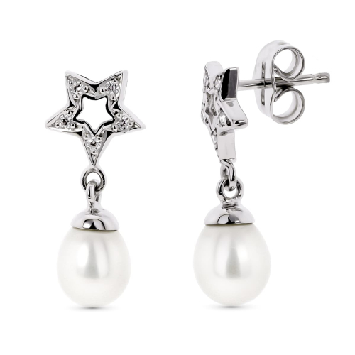 18K PENDIENTES ORO BLANCO DOS CUERPOS CON ESTRELLA Y PERLA CIERRE PRESION 1