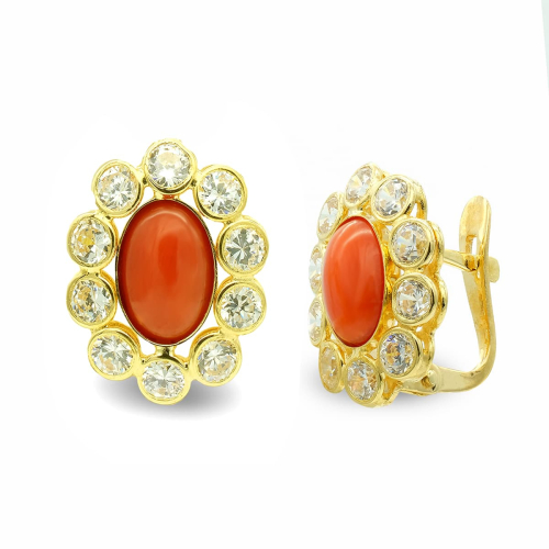 18K PENDIENTES ORO AMARILLO CORAL OVAL Y CIRCONITA CIERRE CATALAN 2