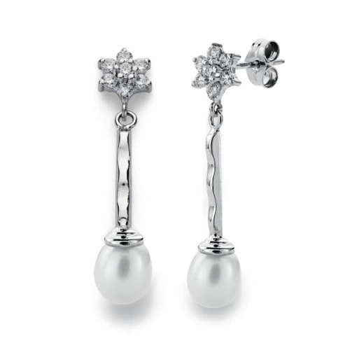 18K PENDIENTES ORO BLANCO .CUAJO Y PERLA 34X6 MM CIERRE PRESION 2