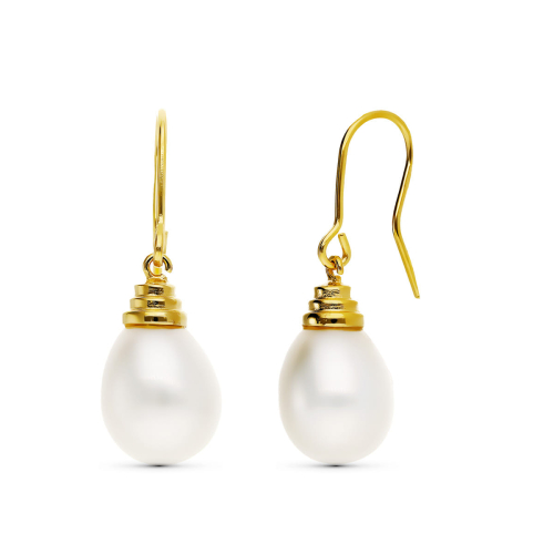 18K PENDIENTES ORO AMARILLO PERLA CULTIVADA 12X10 MM LARGO TOTAL 32 MM CIERRE GANCHO 1