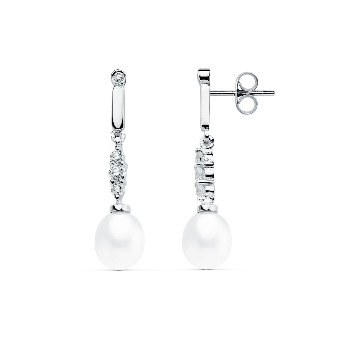 18K PENDIENTES ORO BLANCO PERLA 31X7 MM CIERRE PRESION 2