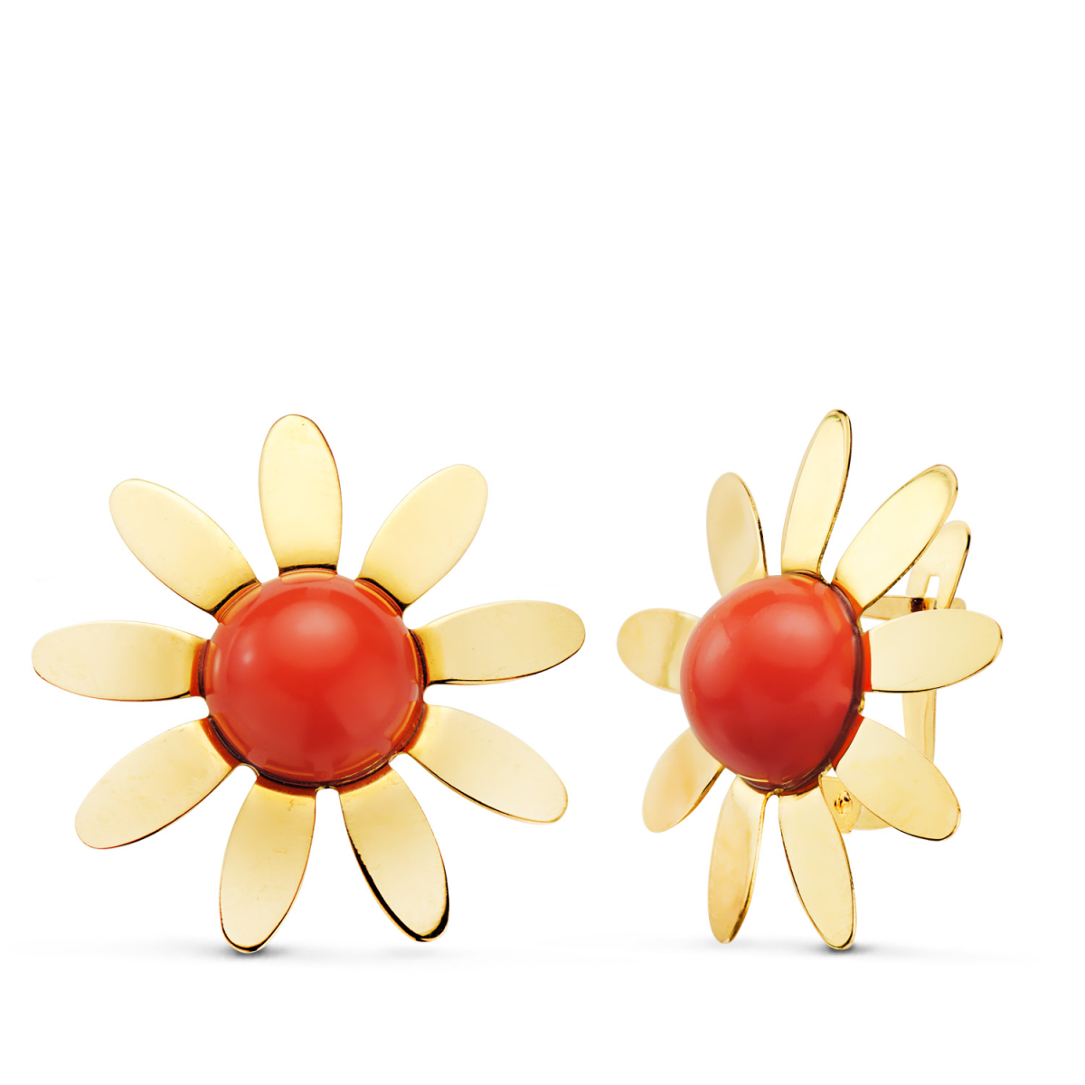 18K PENDIENTES ORO AMARILLO FLOR 9 PETALOS CON CORAL 8MM. ANCHO: 20X20 MM.CIERRE CATALAN 2