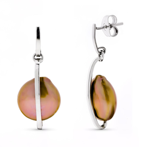 18K PENDIENTES ORO BLANCO LARGOS Y PERLA CHOCOLATE CIERRE PRESION 2