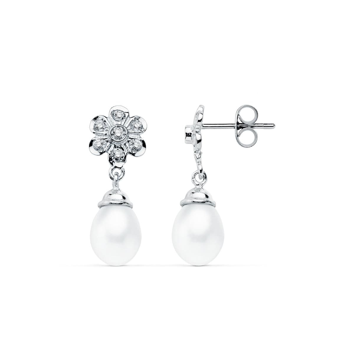 18K PENDIENTES ORO BLANCO PERLA 23X8 MM CIERRE PRESION 2