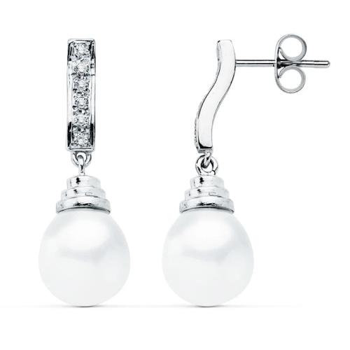 18K PENDIENTES ORO BLANCO PERLA 28X9 MM CIERRE PRESION 2