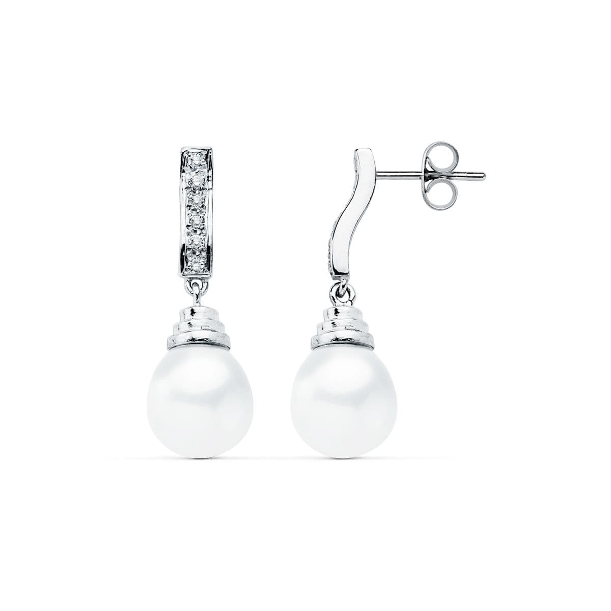 18K PENDIENTES ORO BLANCO PERLA 28X9 MM CIERRE PRESION 2