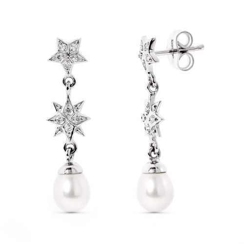18K PENDIENTES ORO BLANCO ESTRELAS DE CIRCONITA Y PERLA CIERRE PRESION 2