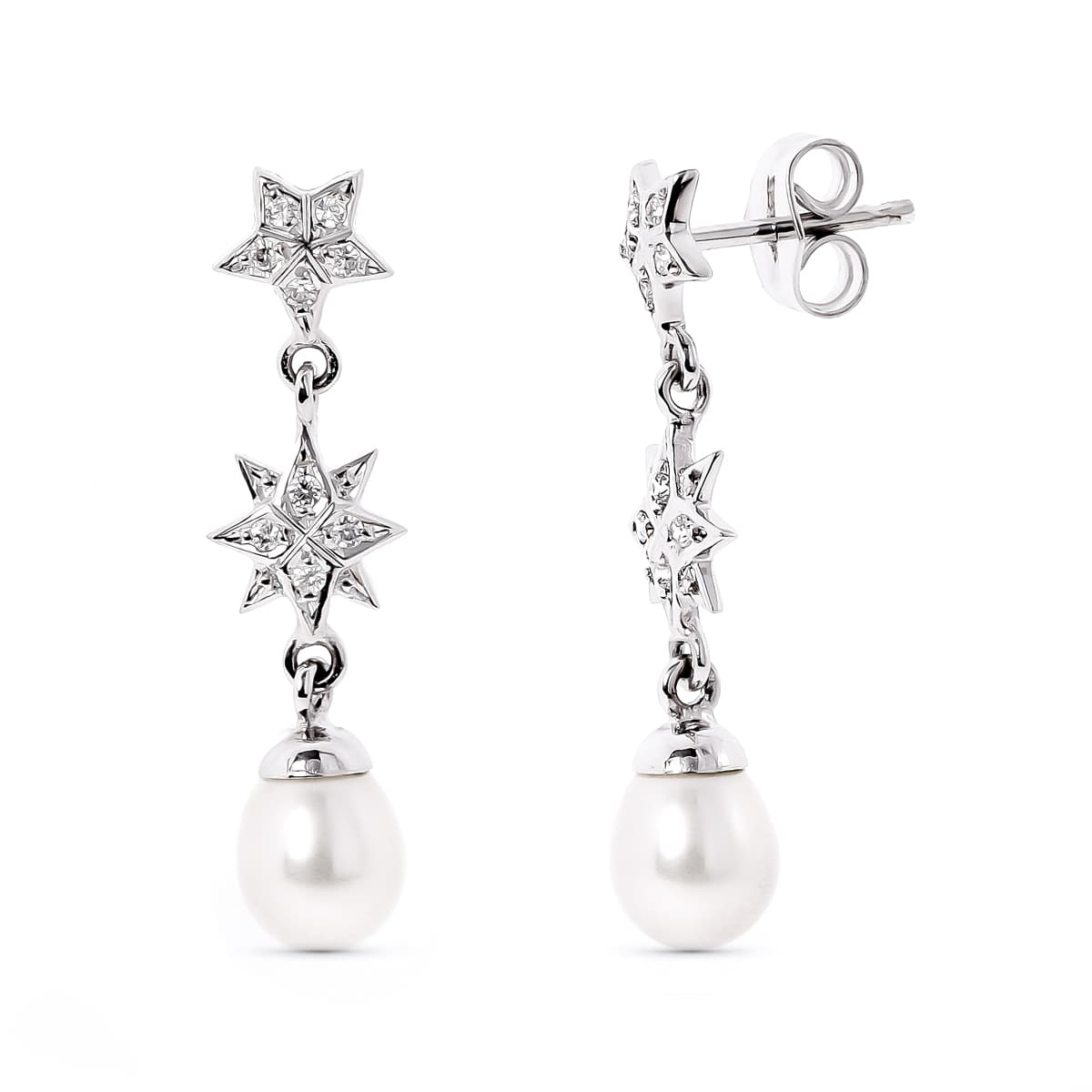 18K PENDIENTES ORO BLANCO ESTRELAS DE CIRCONITA Y PERLA CIERRE PRESION 2