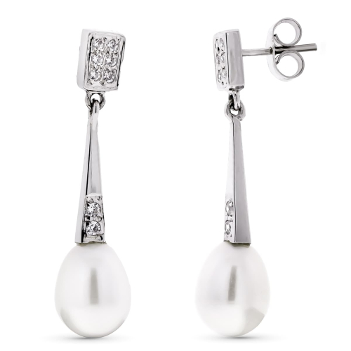 18K PENDIENTES ORO BLANCO LARGOS PERLA Y CIRCONITA CIERRE PRESION 2