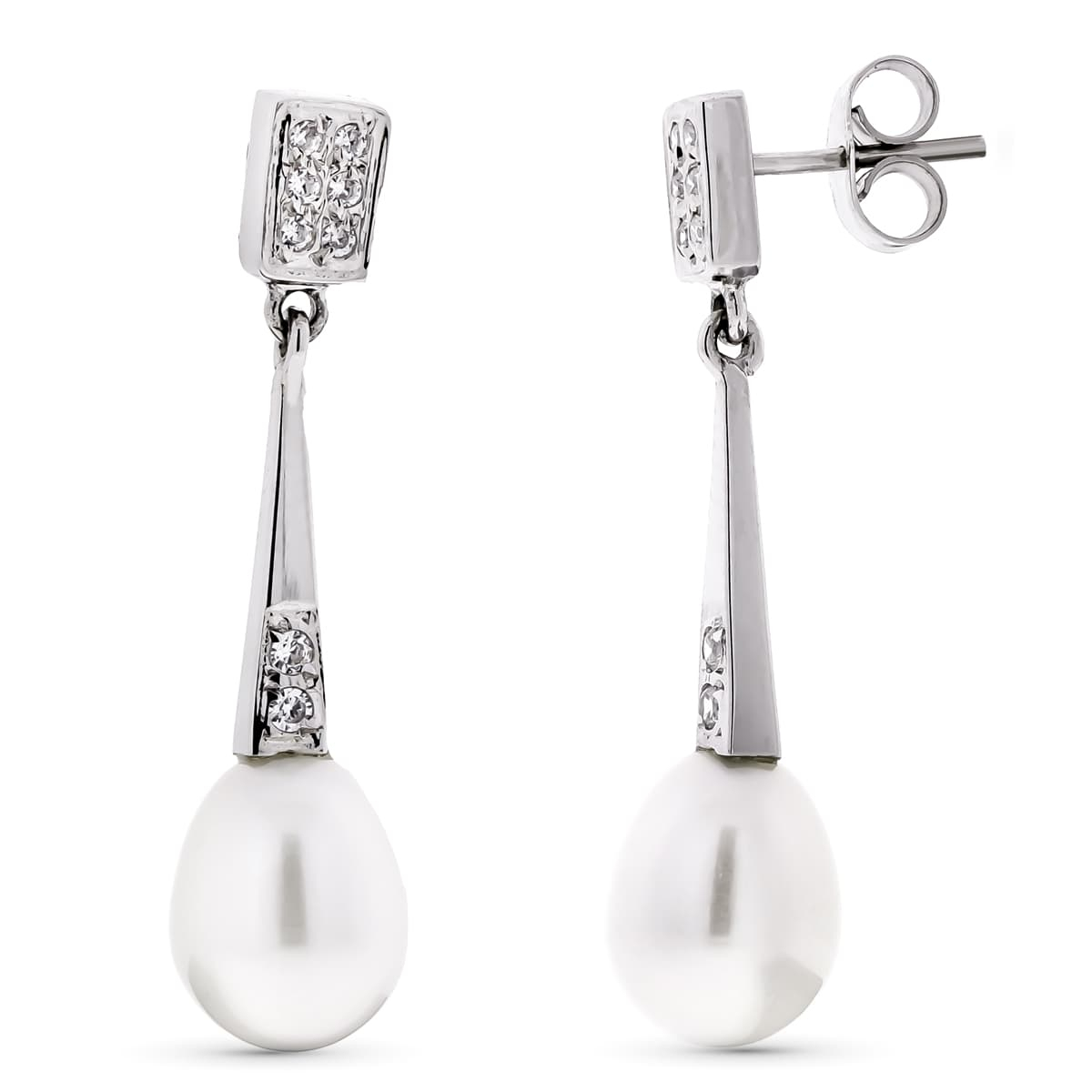 18K PENDIENTES ORO BLANCO LARGOS PERLA Y CIRCONITA CIERRE PRESION 2