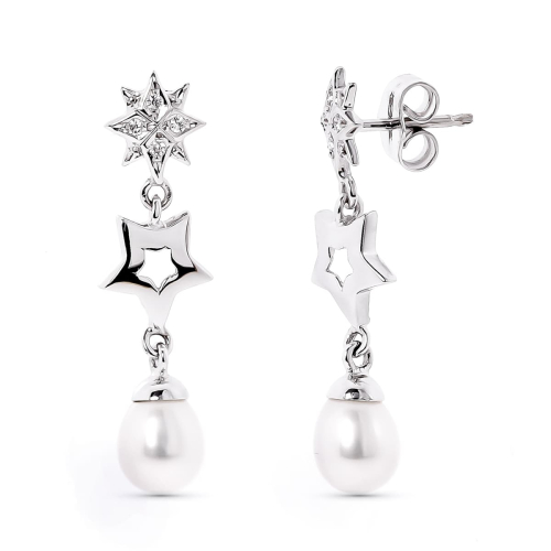 18K PENDIENTES LARGOS PRESION ORO BLANCO ESTRELLAS CON CIRCONITA Y PERLA 2