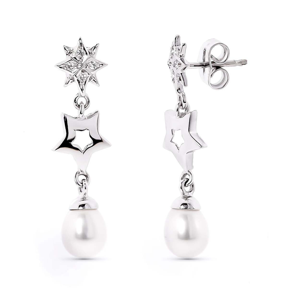 18K PENDIENTES LARGOS PRESION ORO BLANCO ESTRELLAS CON CIRCONITA Y PERLA 2
