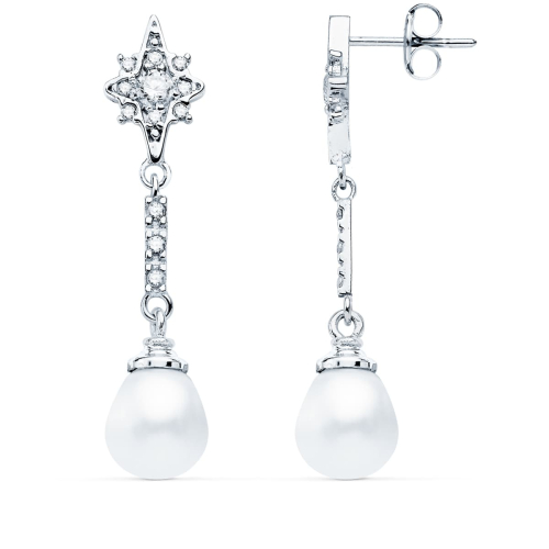 18K PENDIENTES LARGOS ORO BLANCO PERLA Y CIRCONITA 36X8 MM CIERRE PRESION 2
